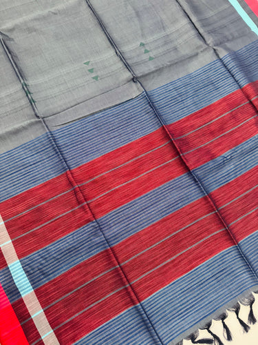 ShopNaya Exclusive | Handwoven | Pure Cotton Saree | Jamdani Weave | No Blouse | Metallic Blue Gray | Thread Work | Handloom Mark | Ships from California